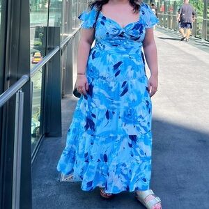 Abercrombie & Fitch Blue Floral Flutter Sleeve Crop Top & Maxi Skirt Set, XL